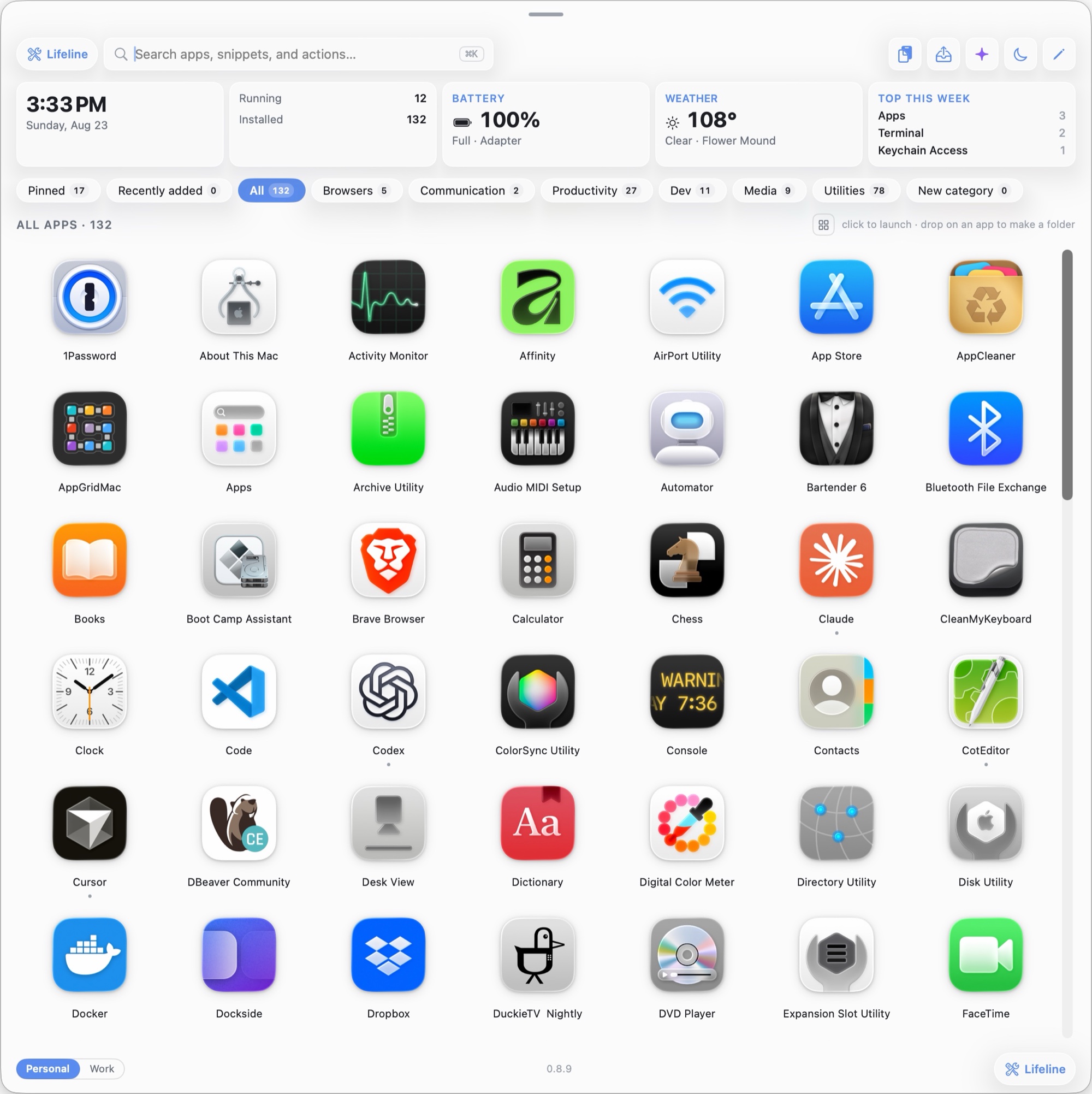 Vantage showing a searchable grid of Mac apps with category filters, pinned apps, and at-a-glance widgets for time, battery, and weather